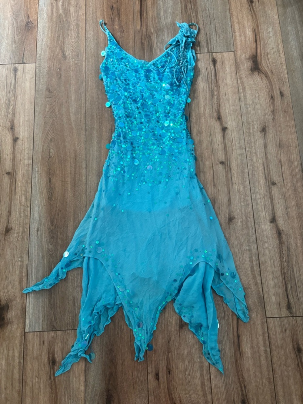 Vintage Sue Wong Blue Turquoise Silk Embellished Beaded Dress w Sequins & Stones